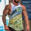 Men's Tank Tops Imitation Cotton Men Top Retro Oil Painting Landscape Printed Fashion Casual Sleeveless Oversize Vest