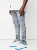 Men s jeans design man målar smal fit bomull rippade denim byxor knä ihålig ut ljusblå för streetwear 230207