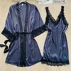 Vêtements de nuit pour femmes 2 pièces ensemble de robe kimono été chemise de nuit en satin patchwork couleur vêtements de nuit lingerie intime décontracté vêtements de maison peignoir