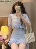 Tvådelt klänning Summer Chiffon Pearls Sweet Set Women Korean spets ruffle flounce kawaii mini kjol kvinnlig smal fit party kostym 230208