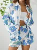 Kvinnors träningsdräkter WSEVYPO Kvinnor Twopiece veckade Shorts Suits Chic Fashion Flower Print Long Sleeve Shirts and Loose Matching Set 230208