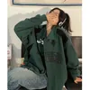 Womens Hoodies Sweatshirts Deeptown Vintage Overdized Women Grunge Y2K Korean Streetwear Green Black Zip Up Female Hip Hop Fashion Tops 230208