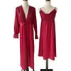 Damen-Nachtwäsche, rosa, langärmelig, 2-teilig, Kimono-Robe-Set, Intimwäsche, lässiger Bademantel, Kleid mit V-Ausschnitt, Heimkleidung, Nachtwäsche