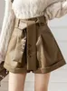 Women's Shorts Seoulish Green PU Leather Sashes New 2022 Autumn Winter Wide Leg Pants Elegant Female Office Trousers Pockets Y2302