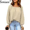 Mulheres tshirt elegante fio de malha casual solto pescoço quadrado manga longa cor sólida camisetas outono topo roupas femininas 230207