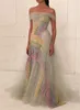 Feestjurken prachtige sprankelende prom jurk offthhestloulder regenboog pailletten gelaagde gezwollen tule vloer lengte optochtjurkgroottes beschikbaar 230208