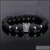 Beaded Strands 8Mm Lava Stone Beads Bracelet For Women Men Copper Crown Zircon Inlayed Healing Elastic Fashion Jewelry Gift Drop De Dhcij