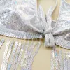 Seksi Sequin Bikini Set Kadınlar 2023 Yeni Parlak Tassel Push Up Tasarımcı Mayo Plaj Maması Takım Silver Suneskin Thong Mayo