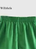 Shorts femininos Willshela feminino Moda de cetim verde sólido vintage alta cintura elástica feminina chic lady casual y2302