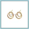 Hoop Huggie Geometric Double Round Stud Earring For Women Trendy Gold Sliver Plating Alloy Drop sieraden Geschenk levering oorbellen DHQ5J