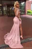 Sparkle Pink Mermaid Prom Dresses Sexy Open Back Black Girls Lace Applique Split aftonklänningar med långa ärmar BC3476