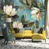 Bakgrundsbilder Väggmålning 3D White Lotus Retro Oil Målning Floral för vardagsrum Väggar Blue Backdrop Wall Paper Home Decor1