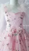 Girl Dresses FATAPAESE Embroidered Pink Cosmos Wild Organza Flowers Floral Dress Mesh Skirt Lace Up Criss-cross Back Wedding Party Gown