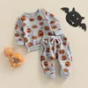 Ensembles de vêtements 0613 Lioraitiin 03 ans bébé garçons filles Halloween tenues à manches longues O cou citrouille imprimé hauts gris pantalon à cordon 230208