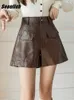 Women's Shorts Seoulish PU Faux Leather Pockets 2022 New Autumn Winter High Waist Coffee Wide Leg Pants Female Office Trousers Y2302