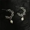 Hoop Earrings Hip Hop Punk Metal C Shaped 925 Silver Needle Chain Drop For Cool Girl Natural Pearls Jewelry Gift