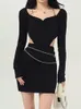 Casual Dresses Summer Backless Wrap Sexy Mini Women Hollow Out Hang Neck Chic Female Designer Elastic Skinny Fit Party 230208
