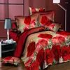 Ensembles de literie 4pcs / Set Impression rouge Fleur Textile à la maison Broyage 3D Feuilles Active et teinture Couvre-lit surdimensionné Couette douce