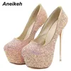 Отсуть обувь Aneikeh Sexy Size 43 44 45 Bling High Heels Pumps Platform Fashion Stripease for Women Summer Slip on Sandals Mujer 2023