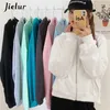 Women's Hoodies Sweatshirts Jielur Chic Zipper Female Sweatshirt Hooded Pullovers Soild Color Hoodies Autumn Loose Harajuku Women Tracksuit White M-2Xl 230208