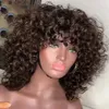 Fashion Hot Burguary Red Deep Curly Human Hair Wigs With Bang Frine Glueless Machine gjorde ingen spets peruk lätt att bära full exakt som bild 150%densitet