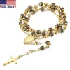 Chains 6mm Rosary Jesus Christ Cross Pendant Necklace Gold Black Tone Stainless Steel Bead Long Chain Women Men Fashion Jewelry KN4341