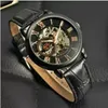 FORSINING Golden Case Luxury Men Rome Number Display Mechanical Watches Male Black Dial Leather Strap Casual Hand Wind Watch