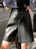 女性のショートパンツSeoulish Green Pu Leather New 2022秋冬ハイウエストワイドレッグパンツエレガントな女性のソリッドズボンポケットY2302