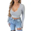 2023 Diseñador Primavera Camiseta para mujer Moda Cómodo Color Sólido Pit Strip U Cuello Manga larga Bodycon Mujer Ropa Crop Top