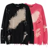 Men's Sweaters Men Couple Fashion Pink Paperclips Oversized Ripped Hole Sweater Hollow Out Harajuku Pullover Knitted JumperMen's