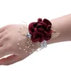 Dekorative Blumen 1PC Brautjungfer Armband Hochzeit Corsage Polyester Band Rose Perle Schleife Bridel Geschenke Handgelenk