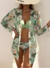 Kvinnors badkläder 2023 Tre stycken Bikini Set Cover Up Floral Print Push Beach Bathing Suits Long Sleeve Twist Women Swimsuit 230208