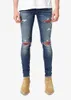 Men's Jeans Quality AMR Knee Ripped Men Women Red Wrinkle Bike Distressed Denim TrousersMen's