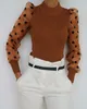 Womens Blouses Shirts Polka Dots Tops Sheer Mesh Shirt Puff Long Sleeve Knitted Blouse Women ShirtsTop 230208