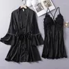 Vêtements de nuit pour femmes 2023 été 2 pièces Robe ensemble dentelle Satin Patchwork vêtements de nuit Sexy femmes maison vêtements Lingerie intime décontracté peignoir Robe