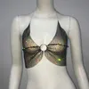 Low Cut Halter Sans Manches Glitter Strass Camisoles Sexy Dos Nu Push Up Clubwear Crop Tops Mesh Grille Évider Camisole