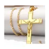 Naszyjniki wiszące 24k złota platowane Jezus Chrystus Cross Naszyjnik Hip Hop Rap Golden Crucifixio Cuban Sain Men Jewelry 2245 Drop Gelive Dhay6