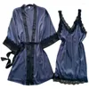 Damen-Nachtwäsche, 2-teiliges Kimono-Roben-Set, Sommer-Satin-Nachthemd, Patchwork-Farben-Nachtwäsche, Intimwäsche, lässige Heimkleidung, Bademantel