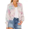 Women's Knits BOHO INSPIRED Tie-dyed Cotton Cardigan Women Ribbed Collar Long Sleeve Zipper With Pom Chic Knit Coat Winter