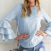 Damskie bluzki moda rękawa motyla Ruffles koszula kobiety vintage luźne długie bluzki eleganckie okrągłe szyi biała bluzka Blusas 24469