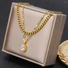 Chains Ins Style Pink Zircon Choker Pendant Necklace Gold Plated Stainless Steel Cuban Chain For Women Female