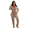 Active Sets Fall Winter Female Hooded Jumpsuit Solid Plus Size Zip Up Long Sleeve Velvet Rompers Women Sportswear Yoga Running Set