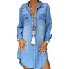 Casual Dresses Women Fashion Denim Shirt Dress Long Sleeve Lapel Single Breasted Solid Color Tunic Tops