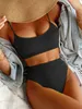 Women's Swimwear INGAGA High Waist Bikini Swimsuit Ribbed Sexy Bikini Woman 2023 Green Bathing Suit Cut Beach Wear Summer 230208