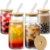 US STOCK 16 oz Sublimation Glass Beer Mugs with Bamboo Lid Straw Tumblers DIY Blanks Frosted Clear Can Cups Heat Transfer Cocktail Iced Coffee Whiskey tt0208