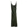 Casual Dresses Prisfree 2023 Summer Women Satin Slip Dress Silk Spaghetti Strap Vintage Slit Green Sexy Long Party