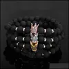 Beaded Strands 8Mm Lava Stone Beads Bracelet For Women Men Copper Crown Zircon Inlayed Healing Elastic Fashion Jewelry Gift Drop De Dhcij