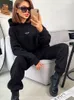 Kvinnor Tvåbitar byxor Kvinnor 2 Set Sweatshirt Suid Solid Sleeve Hooded Top Elastic Midje Pant Ladies Autumn Fleece Streetwear Outfits 230208