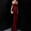 Party Dresses Deep Red Velvet Evening Beading Side Sleeves Mermaid Long Women Sexy Split Shoulder Straps Formal Event Gown 230208