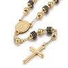 Chains 6mm Rosary Jesus Christ Cross Pendant Necklace Gold Black Tone Stainless Steel Bead Long Chain Women Men Fashion Jewelry KN4341